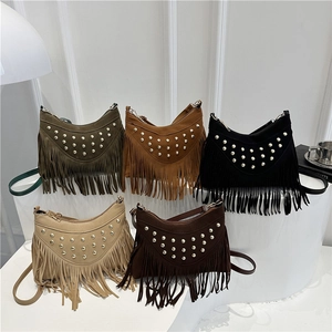 Women Bohemian Fringed Rivet Crossbody Bag PU Leather Tassel Shoulder Bag Retro Half Moon Square Handbag Fashion Everyday Tote