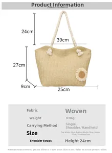 Tabella taglie dettagliata per la borsa tote in paglia con girasole e specifiche