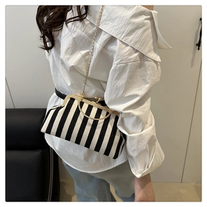 Détail d'une pochette rayée noire et blanche vintage avec une bandoulière dorée