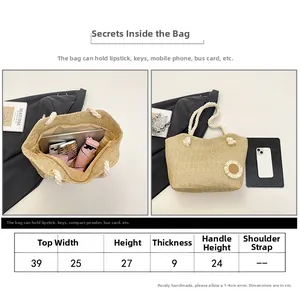 Tabella taglie dettagliata per borsa tote intrecciata beige con decoro a girasole