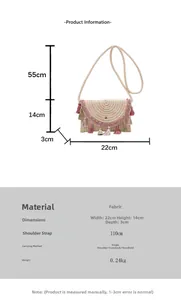 Detailed size specifications of woven fringe bag with 22cm width and 110cm strap length