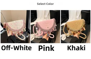Detailed comparison of woven tassel handbags in off-white, pink, and khaki color options