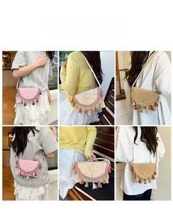 Detail shots of colorful bohemian straw crossbody bags featuring vibrant tassels and sequins