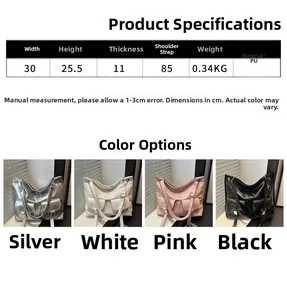 Detailed size chart and multi-color options for large capacity PU leather tote bag