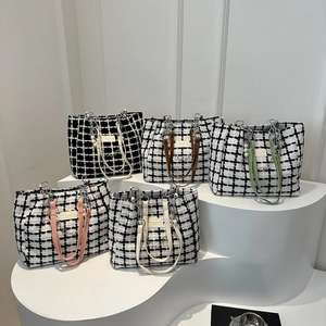Quilted tweed tote bag with metal chain handles and elegant pearl pendant in five colors