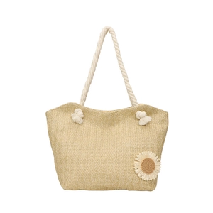 Borsa tote in paglia intrecciata con margherita e manici in corda di cotone bianco su bianco