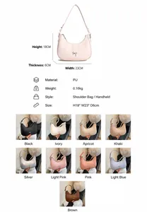 Size chart showing PU leather crescent bag dimensions and nine stylish color variants