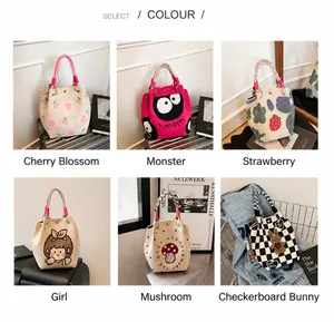 Detailed grid view showing six patterns of cute knitted mini bucket bags with handles