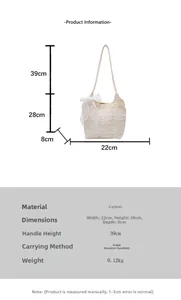 Size specifications of the beige crochet tote bag with lace bow and canvas texture