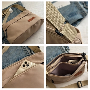 Détails du sac bandoulière en nylon avec poches zippées et compartiment pour smartphone