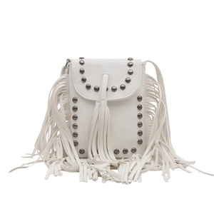 White bohemian crossbody bag with fringe tassels and vintage stud accents for women