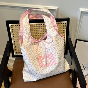 Women Large Capacity Floral Gingham Canvas Tote Bag Reversible Fresh Mori Style Stitching Single Shoulder Handbag Shopping Bag