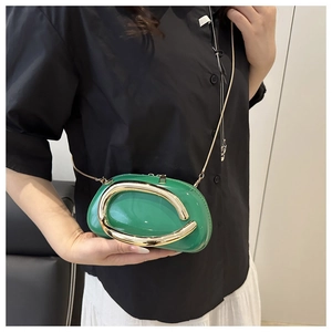 Detail of green patent leather shoulder bag featuring large gold metal D-logo hardware