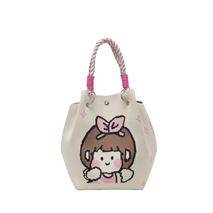 Cute Korean knit bucket bag with cartoon girl design and colorful woven handle