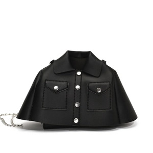 Creative black jacket-shaped crossbody bag with silver metal chain and leather texture