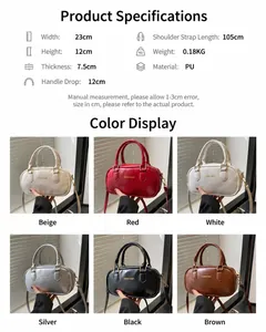 Size chart and detailed dimensions for vintage mini PU leather handbag in six colors