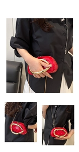Three ways to wear the red glossy semi-circle bag with gold handle and chain