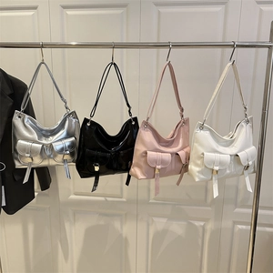 Large shiny hobo tote bags with front pockets in silver, black, pink and white colors