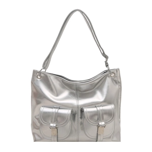 Fashionable silver metallic motor tote bag with dual front buckle pockets and sleek finish