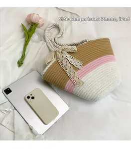 Detailed size comparison of the woven tote bag with a smartphone and tablet device