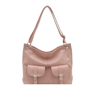 Pink minimalist tote bag with double front pockets and vintage stitching details