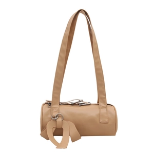 Minimalist khaki cylindrical shoulder bag with long straps and silver metal rings