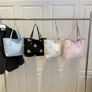 Sac Cabas de Grande Capacité en Cuir PU avec Broderie de Papillon Sac à Épaule Matelassé à Carreaux pour Femme