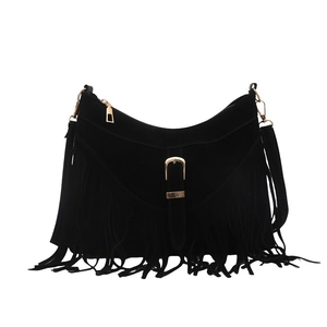 Retro black faux suede shoulder bag with long fringes and gold buckle hardware