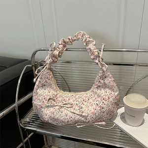 Sac Bandoulière Floral Femme Doux Nœud Plissé Sac à Épaule Décontracté Léger en Polyester Imprimé Hobo pour Quotidien