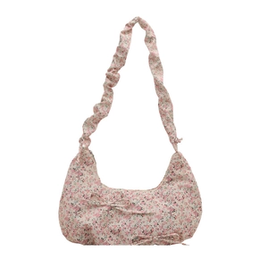 Sac bandoulière floral avec nœud et bandoulière à volants en tissu de coton rose clair