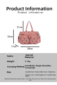 Pink corduroy tote bag detail with black bow print and precise size dimensions guide