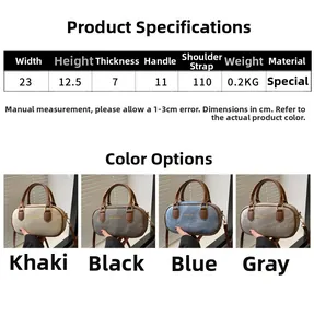 Detailed size chart and multi-color selection for the mini denim Boston handbag