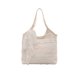French retro white lace beach tote bag with large capacity and ribbon bow detail