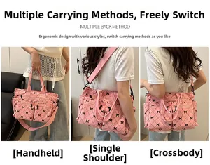Pink corduroy tote bag with black bow patterns shown in handheld and crossbody styles
