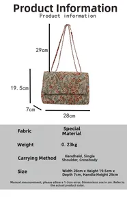 Größentabelle für Blumen-Handtasche mit Maßen und detaillierten Materialspezifikationen