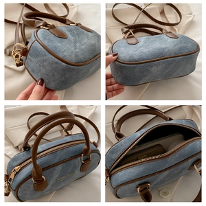 Detailed four-view layout of retro denim Boston bag with leather trim and gold hardware