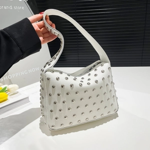 Women Rivet Underarm Bag PU Lychee Leather Handbag Silver Studded Hobo Bag For Party Daily Fashion Punk Shoulder Bag Women