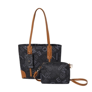 Ensemble 3 pièces de sacs cabas noirs à lettres grises avec bandoulières en cuir marron