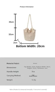 Maattabel van geweven schoudertas met afmetingen en een handvat van 35cm in detail