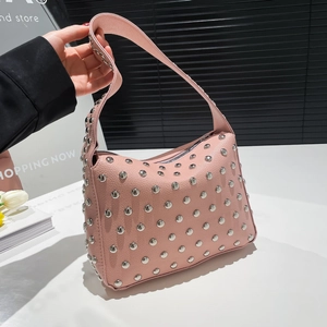 Pink rivet small tote bag with litchi leather texture for vintage motorcycle style