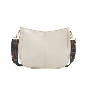 Cream white faux leather hobo bag with vintage ethnic print wide shoulder strap