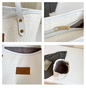 Vues détaillées du sac cabas blanc tissé avec ferrures dorées et intérieur spacieux