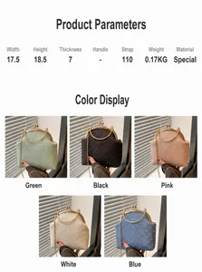 Size chart showing dimensions and five color options for the stylish crossbody bag