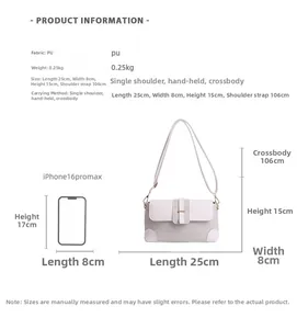 Detailed size chart for the PU leather crossbody bag with dimensions and phone comparison