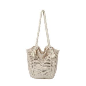 Grote beige handgeweven katoenen touw-tas met franjes en schouderbanden