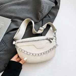 Detail of off-white PU leather fanny pack with silver chain and Fashion embossing