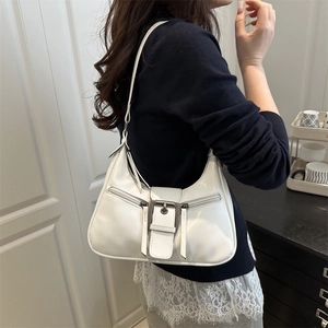 Chic white glossy PU leather hobo crescent bag with bold metal buckle and zipper detail