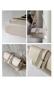 Dettagli della borsa intrecciata beige con patta in pelle e fibbia dorata elegante