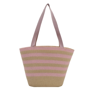 Sac fourre-tout en paille tissée à rayures roses et beige avec larges anses