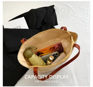 Top view of woven tote bag interior showing large capacity for essentials with zipper closure